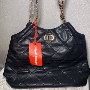NEW Montana West Quilted Hobo Tote Bag Purse Black Vegan Leather Gold Handbag